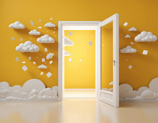 Wall Mural - surreal concept with flying white clouds passing through an open door on a bright yellow background.