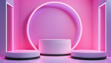 Wall Mural - abstract geometric stage background with neon arch and empty pedestals. product showcase scene with 