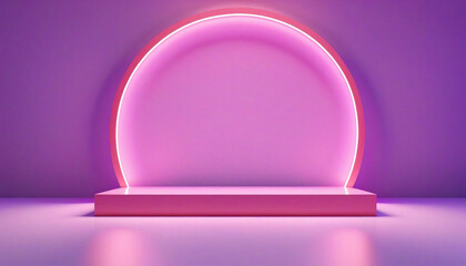 Wall Mural - Abstract geometric stage background with neon arch and empty pedestals. Product showcase scene with UV wallpaper and platforms.