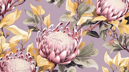 Poster -  a pink and yellow floral wallpaper with leaves and flowers on a purple background with green leaves and yellow flowers.