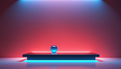 Wall Mural - abstract red and blue neon background with stone platform balanced on glass ball and glowing linear 