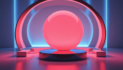 Wall Mural - abstract red and blue neon background with stone platform balanced on glass ball and glowing linear 