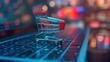 Illustration of internet shopping and online purchases concept, soft focus view of empty supermarket shopping cart on computer laptop keyboard background