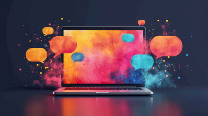 Colorful laptop with speech bubbles, concept of connecting online and business messaging