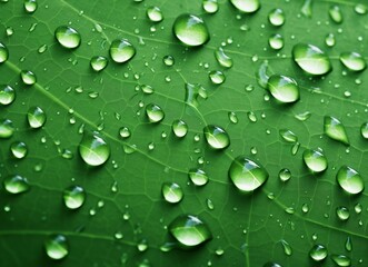 Green Leaves with Water Droplets, Close-Up View Revealing Leaf Patterns, Freshness of Trees After Rainfall