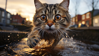 Wall Mural - Cute kitten playing in the snow, staring at the camera generated by AI