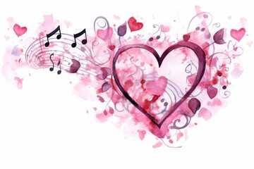 Poster - Musical notes in pink on the theme of love, Valentine's Day. Watercolor illustration. White background