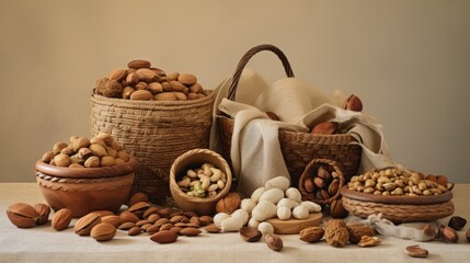 Wall Mural -  a variety of nuts and nutshells sitting on a table next to a basket of nuts and a towel.