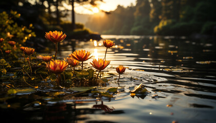 Sticker - The yellow flower reflects in the tranquil pond at sunset generated by AI