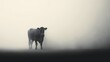  a cow standing in a foggy field with it's head turned to the opposite side of the camera.