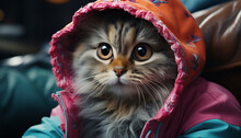 Cute Kitten In A Hooded Shirt Staring Playfully, Indoors Generated By AI