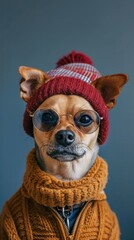 Canvas Print - A dog wearing a sweater and glasses with an orange hat, AI