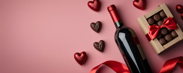 Wall Mural - Bottle of red wine with box of chocolate candies on pink background. Valentine's, Mother's, Women's  day greeting card. Flat lay, top view with copy space