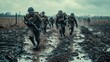 Soldiers with helmets running on wet ground in the middle of the world war. concept real world conflicts in Europe