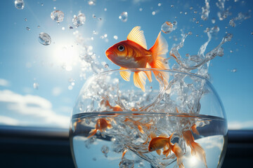 Wall Mural - Goldfish leaps out of the aquarium to throw itself into the sea. Generative AI