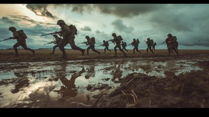 Wall Mural - soldiers with helmet running on ground