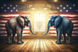 Two large elephants stand opposite each other against the backdrop of the usa flag. Generative AI