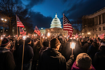 A crowd of people with US flags and burning candles. Generative AI