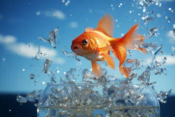 Sticker - Goldfish leaps out of the aquarium to throw itself into the sea. Generative AI