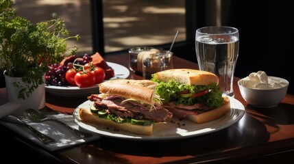 Sticker -  a sandwich with meat and lettuce on a plate next to a bowl of fruit and a glass of water.