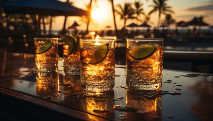 Canvas Print - Refreshing cocktail on a bar table at sunset generated by AI