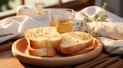  a plate topped with two pieces of bread next to a cup of tea and a napkin on top of a wooden table.