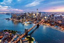 Aerial View Of Brooklyn Bridge And Manhattan At Twilight, New York City, USA