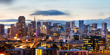 Panoramic Of Downtown Skyline Illuminated At Dusk, San Francisco, California, USA