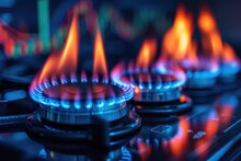 Natural gas stove burning. Cost growth stock charts background concept