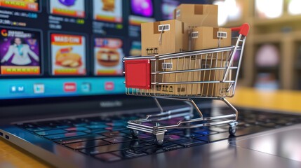 Paper shopping bags in a shopping cart on a laptop keyboard.Easy shopping with finger tips for consumers.Online shopping and delivery service concept.