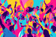 Design a vibrant and energetic illustration of a lively music festival, with people dancing, singing, and enjoying the rhythm of the music