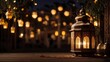 Islamic holiday banner in monotone design. Ramadan night. Cute mosque and lantern displayed on stages with glowing light in the evening. 3d illustration, ai
