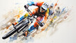 The intensity of a downhill mountain biking race in vibrant watercolours, showcasing riders navigating treacherous trails with fearless determination, each stroke expressing the thrill of speed