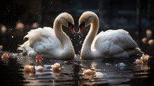 Two Loving White Swans In A Heart Shape In The Water