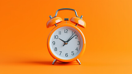 Wall Mural - Orange clean mechanical alarm clock on plain color background. Twin bell table alarm clock; moving hammer and metal case to wake up in the morning. Product showcase, minimalist graphic design object 