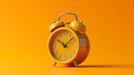 Wall Mural - Yellow clean mechanical alarm clock. Plain background. Twin bell table alarm clock with moving hammer. Retro metal case. Wake up in the morning. Product display with minimalist graphic design object 