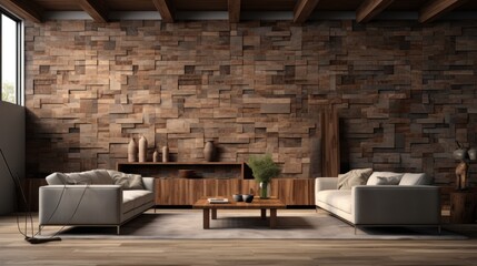  a living room with two couches and a coffee table in front of a brick wall with a vase on top of it.