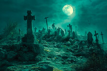 Spooky Graveyard, Where Skeletons And Zombies Rise From The Dead, And The Moon Casts An Eerie Glow