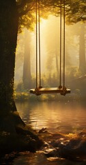 Canvas Print - A swing in the woods with the sun shining through the trees. Generative AI.