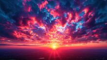 A Photograph Of The Sky, Painted In Bright Shades Of Red And Purple, In Which The Rays Of Sunset D