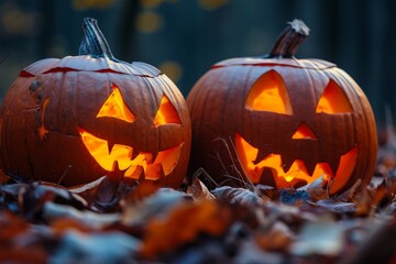 Halloween night, pumpkin in nature with burning eyes, dark atmosphere