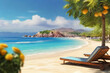 Weiter Stand mit einem strahlend blauen Meer an einem Sonnigen Tag mit einer Kokospalme im Hintergrund