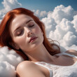 A Red Haired Woman In A White Top Sleeps On Soft Comfortable Clouds, Illustration