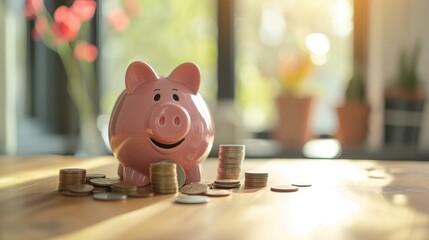 Wall Mural - pink piggy bank smiling and coins on the table, for saving money wealth, and financial concepts, copy space