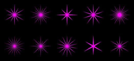 Wall Mural - Collection of isolated bright spark particles on a black background – Set of decorative pink little stars