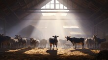  A Group Of Cows Standing In A Barn With Beams Of Light Coming Through The Roof And A Person Standing In Front Of Them.