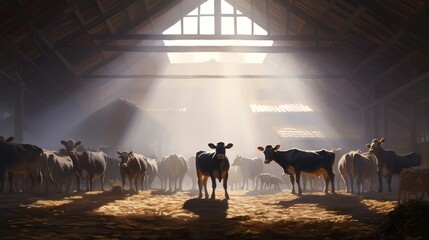 Poster -  a group of cows standing in a barn with beams of light coming through the roof and a person standing in front of them.