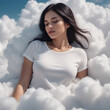 A Black Haired Woman In A White Top Sleeps On Soft Comfortable Clouds, Illustration