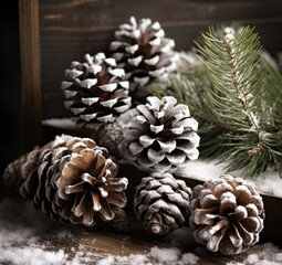 Canvas Print - Pine cones and fir branches on a wooden table. Generative AI.