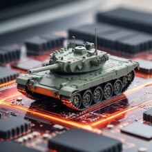 Closeup On A Military Tank On A Powerful Computer Board For AI Taking Control Over War Concept Or Race On Manufacturing Micro Chips As Wide Banner Design With Copy Space Area